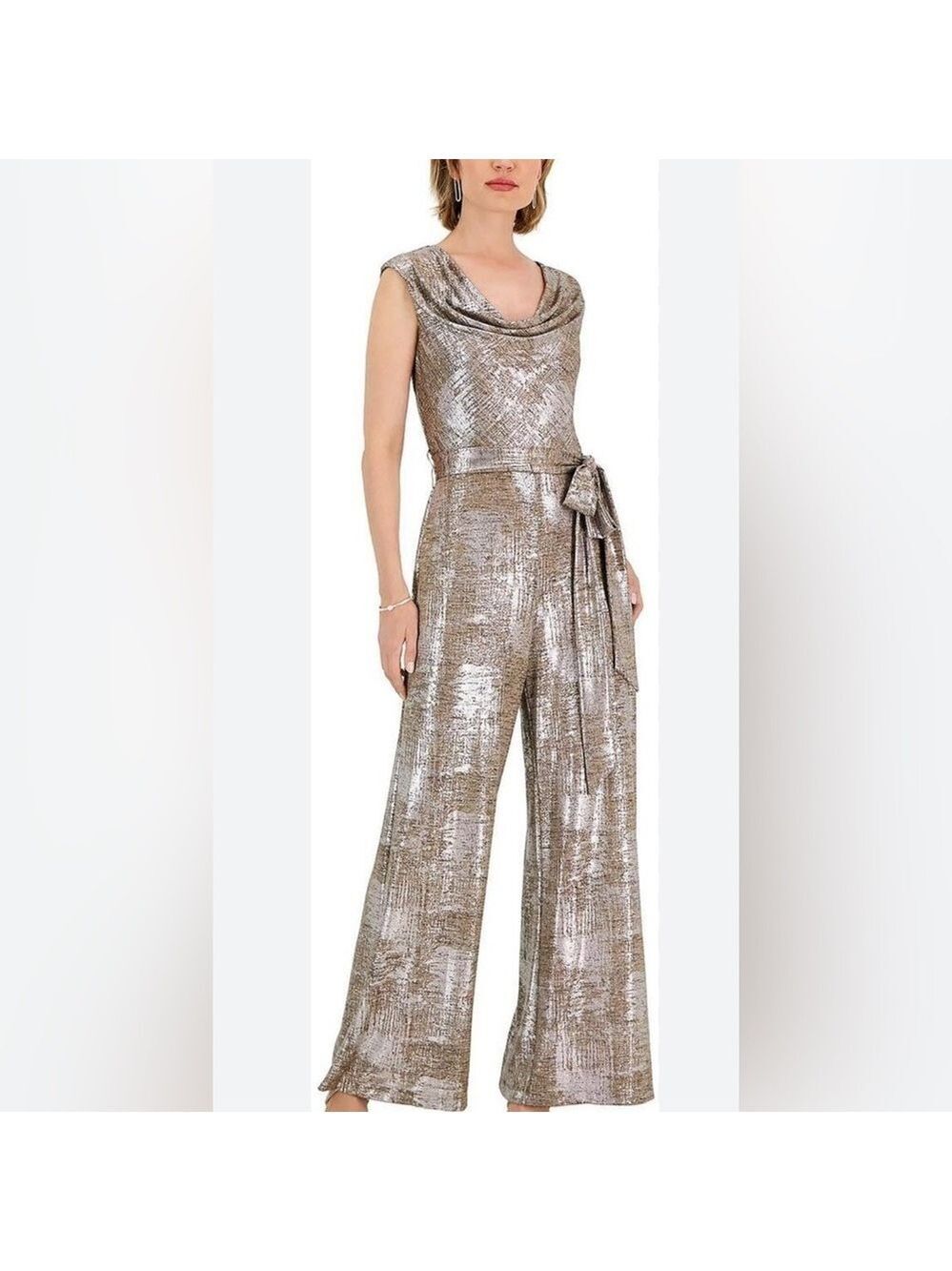 Connected Apparel Gold Lame Holiday Festive Cowl Neck Wide Leg Jumpsuit 20W